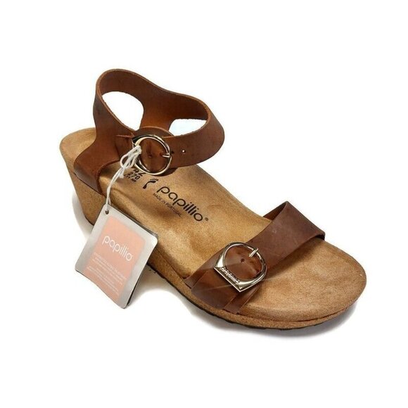 Papillio By Birkenstock Soley Ring Buckle Wedge Sandals Sz 11Cognac NARROW Fit - Picture 1 of 10
